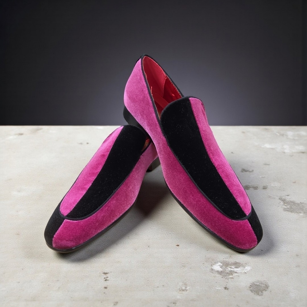 AFTER MIDNIGHT MENS SLIP ON BLACK/ FUSCHIA TWO TONE VELVET LOAFER. 7016